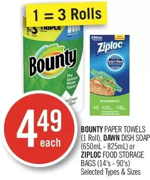 Shoppers Drug Mart Bounty paper towels, dawn dish soap or ziploc food storage bags offer