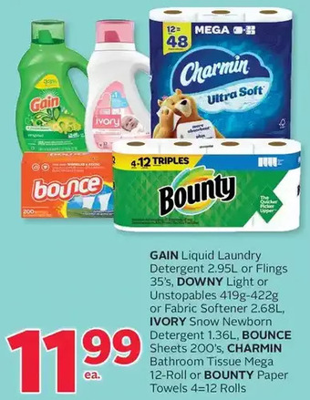 Rexall Gain liquid laundry detergent or flings, downy light or unstopables or fabric softener, ivory snow newborn detergent, bounce offer