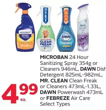 Rexall Microban 24 hour sanitizing spray or cleaners, dawn dish detergent, mr. clean clean freak or cleaners, dawn powerwash or febr offer
