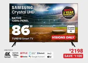 Visions Electronics Samsung crystal uhd native 120hz panel 86" smart tv offer