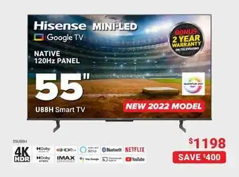 Visions Electronics Hisense mini-led google tv native 120hz panel 55" u88h smart tv offer