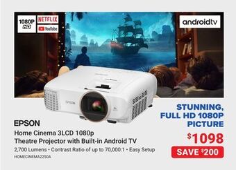 Visions Electronics Epson home cinema 3lcd 1080p theatre projector with built-in android tv offer