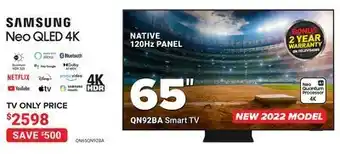 Visions Electronics Samsung 65" 4k hdr 32x ots+ neo qled smart tv (qn65qn92ba) offer