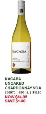 LCBO Kacaba unoaked chardonnay vqa offer