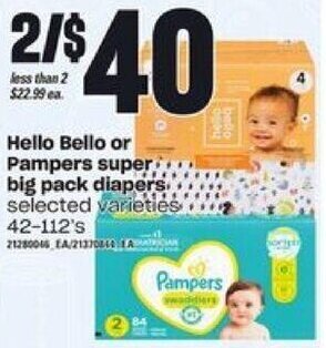 Loblaws Hello Bello Or Pampers Super Big Pack Diapers 42-112's offer