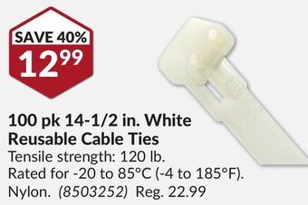 Princess Auto 100 pk 14-1/2 in. white reusable cable ties offer