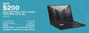 Costco Asus tuf dash 15.6 in. laptop tuf516pe-cs79-cb offer