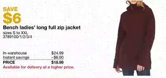 Costco Bench ladies' long full zip jacket offer