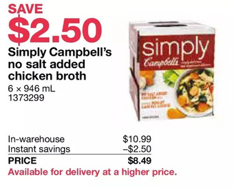 Costco Simply campbell's no salt added chicken broth offer