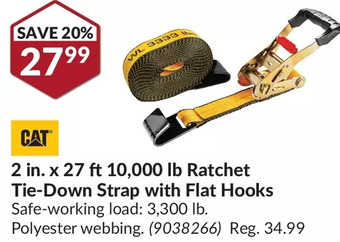 Princess Auto Cat 2 in. x 27 ft 10,000 lb ratchet tie-down strap with flat hooks offer