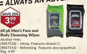Princess Auto 60 pk men's face and body cleansing wipes hemp, features vitamin c | refreshing features aloe/grapefruit offer