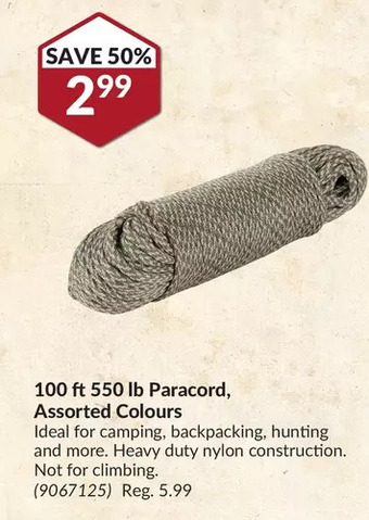 Princess Auto 100 ft 550 lb paracord, assorted colours offer