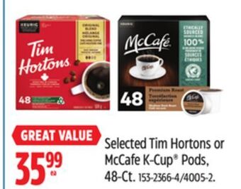 Canadian Tire Keurig selected tim hortons or mccafe k-cup® pods, 48-ct offer