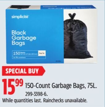 Canadian Tire Simplicite 150-count garbage bags, 75l offer