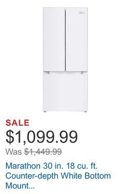 Costco Marathon 30 in. 18 cu. ft. counter-depth white bottom mount refrigerator with 3-bottle hanging wine rack offer
