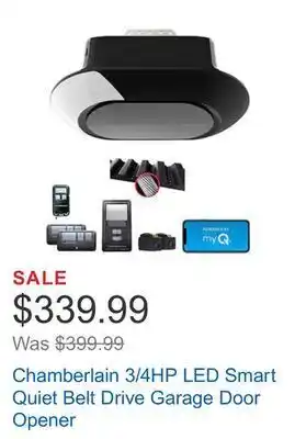 Costco Chamberlain 3/4hp led smart quiet belt drive garage door opener offer