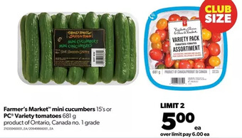 Real Canadian Superstore Farmer's market mini cucumbers or pc variety tomatoes offer