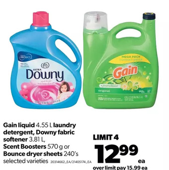 Real Canadian Superstore Gain liquid laundry detergent, downy fabric softener, scent boosters or bounce dryer sheets offer