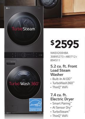 Lowe's Lg 5.2 cu. ft. front load steam washer, 7.4 cu. ft. electric dryer offer