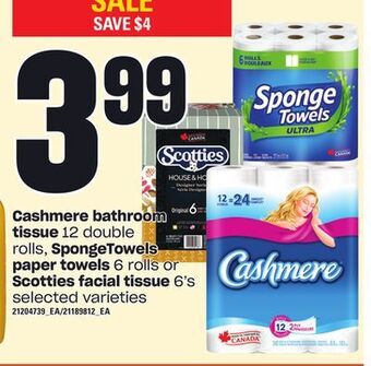 Loblaws Cashmere bathroom tissue, 12 double rolls, spongetowels paper towels, 6 rolls or scotties facial tissue, 6's offer