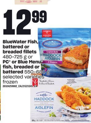 Loblaws Bluewater fish, battered or breaded fillets, 480-725 g or pc® or blue menu® fish, breaded or battered, 550-680 g offer