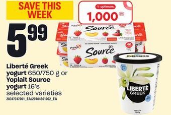 Independent Grocer Liberté greek yogurt, 650/750 g or yoplait source yogurt, 16's offer