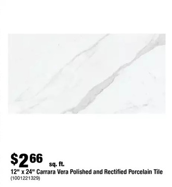 Home Depot 12" x 24" carrara vera polished and rectified porcelain tile offer