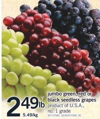 Fortinos Jumbo green, red or black seedless grapes offer
