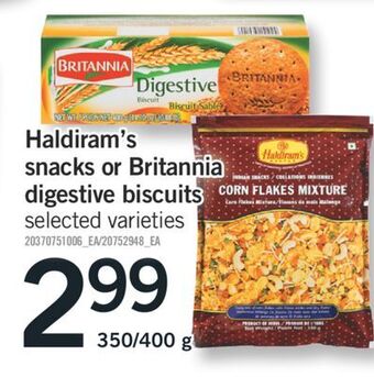 Fortinos Haldiram's snacks or britannia digestive biscuits, 350/400 g offer