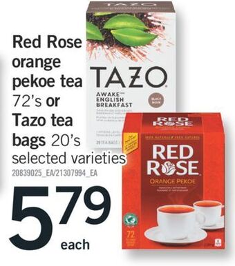 Fortinos Red rose orange pekoe tea, 72's or tazo tea bags, 20's offer