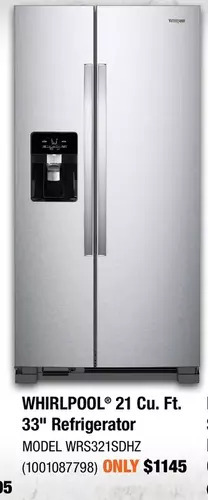 Home Depot Whirlpool 21 cu. ft. 33" refrigerator offer