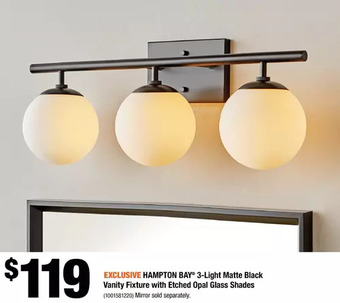Home Depot Hampton bay 3-light matte black vanity fixture with etched opal glass shades offer