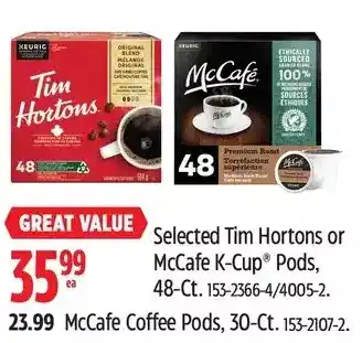 Canadian Tire Tim hortons or mccafe k-cup pods, 48-ct | mccafe coffee pods, 30-ct offer