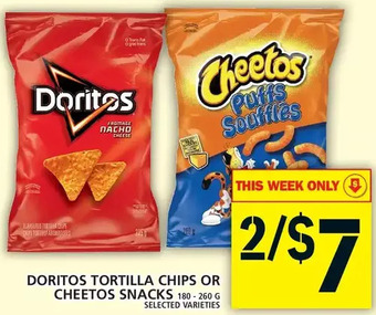 Food Basics Doritos tortilla chips or cheetos snacks offer