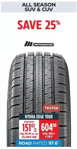 Canadian Tire Motomaster hydra edge tour tires offer