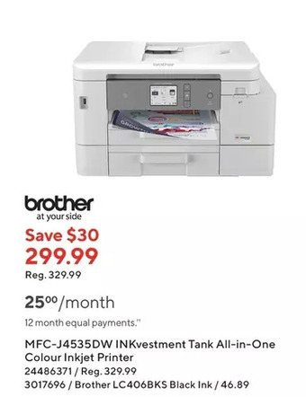Staples Brother mfc-j4535dw inkvestment tank all-in-one colour inkjet printer | lc406bks black ink offer