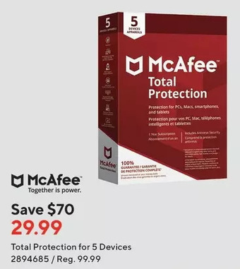 Staples Mcafee total protection for 5 devices offer