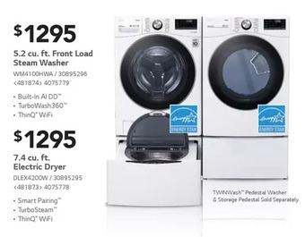 Lowe's Lg 5.2 cu. ft. front load steam washer | 7.4 cu. ft. electric dryer offer