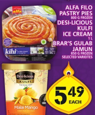 Food Basics Alfa filo pastry pies or desi-licious kulfi ice cream or brar's gulab jamun offer