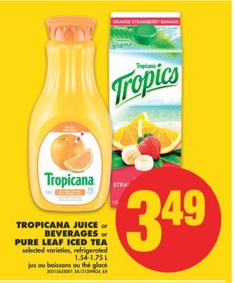 No Frills Tropicana juice or beverages or pure leaf iced tea, 1.54-1.75 l offer