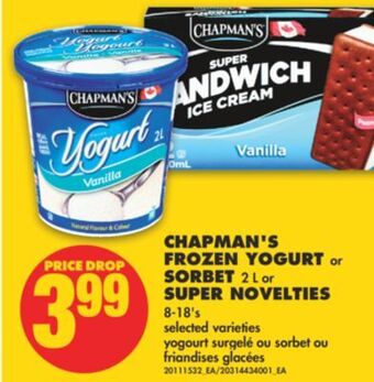 No Frills Chapman's frozen yogurt or sorbet, 2 l or super novelties, 8-18's offer
