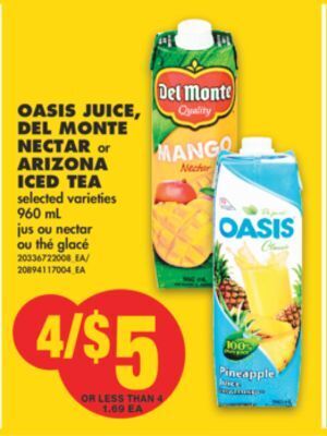 No Frills Oasis juice, del monte nectar or arizona iced tea, 960 ml offer