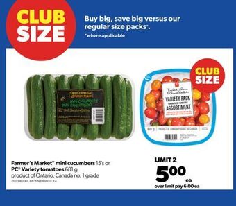 Real Canadian Superstore Farmer's market™ mini cucumbers 15's or pc® variety tomatoes 681 g offer