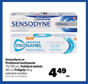 Real Canadian Superstore Sensodyne or pronamel toothpaste, 75/100 ml, polident tablets, 40's or poligrip, 40 g offer