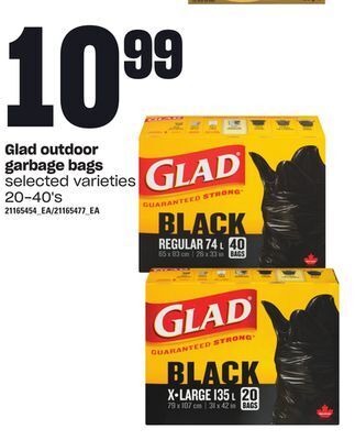 Loblaws Glad outdoor garbage bags, 20-40's offer