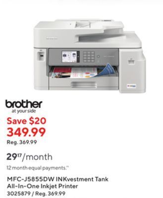Staples Brother mfcj5855dw inkvestment tank all-in-one inkjet printer offer