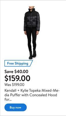 Walmart Kendall + kylie topeka mixed-media puffer with concealed hood for women offer