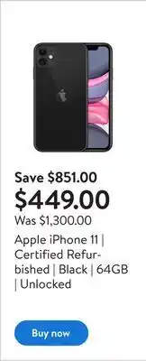 Walmart Apple iphone 11 | certified refurbished | black | 64gb | unlocked offer