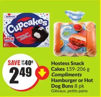 Chalo FreshCo Hostess snack cakes 159-206 g compliments hamburger or hot dog buns 8 pk offer