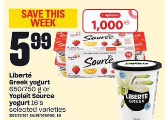Zehrs Markets Liberté greek yogurt, 650/750 g or yoplait source yogurt, 16's offer